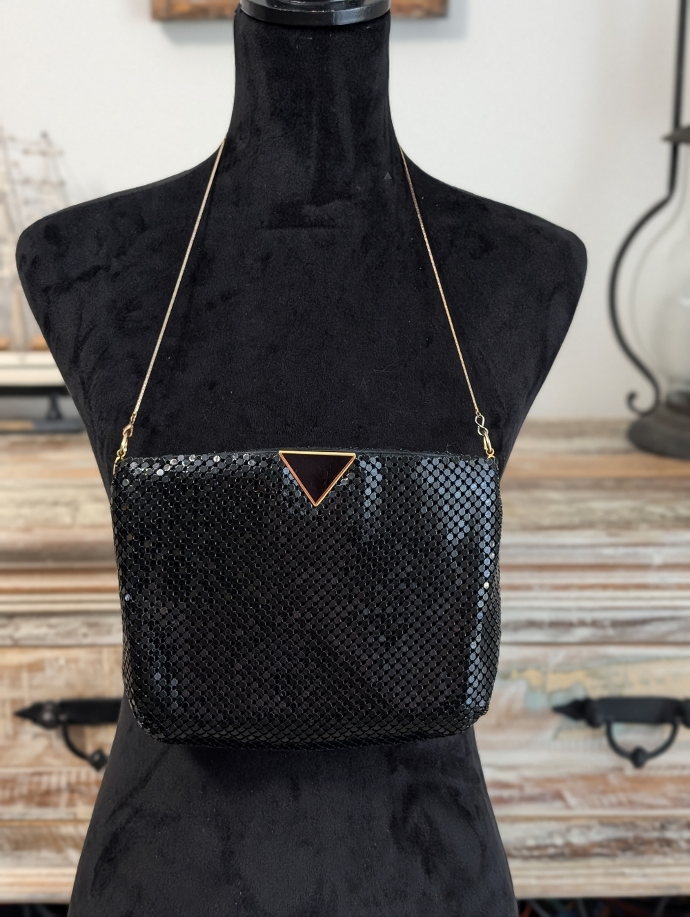 Vintage Hong Kong Black Metal Mesh Evening Bag Gold Chain Shoulder Purse